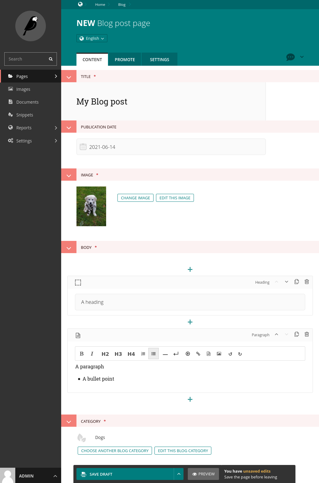 Blog post page being edited in Wagtail