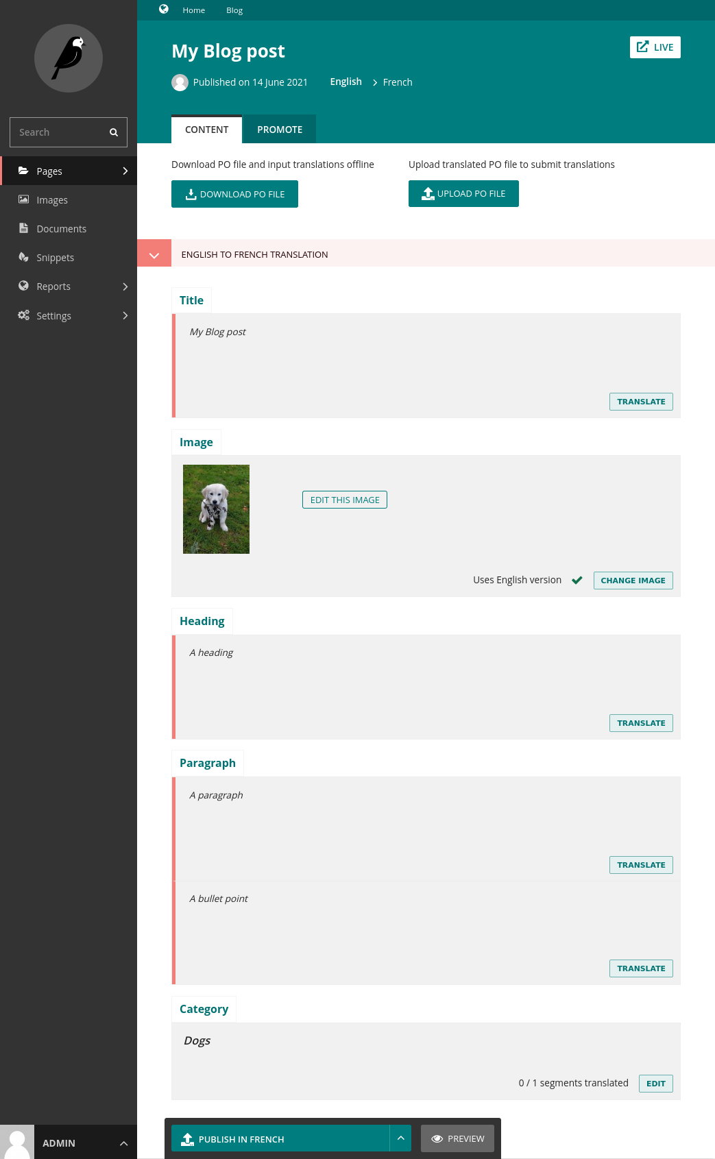 Blog post page being translated in Wagtail