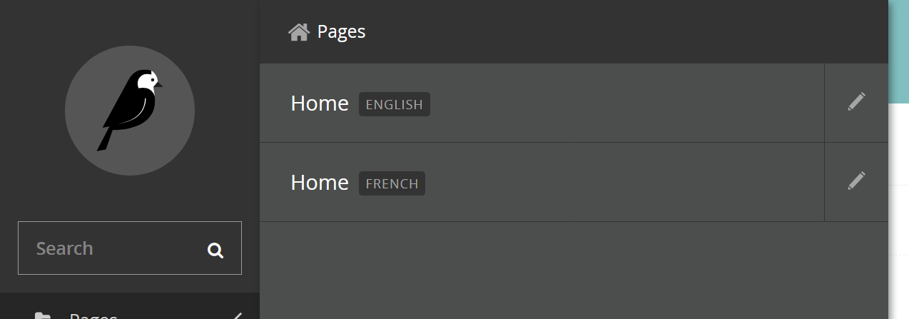 Wagtail explorer menu with English and French homepages
